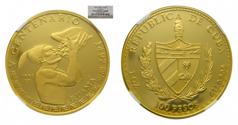 Cuba 1992. 100 pesos (km#454). 31,1 gr Au Proof. 1 oz. V Centenario 1492- 1992. ...