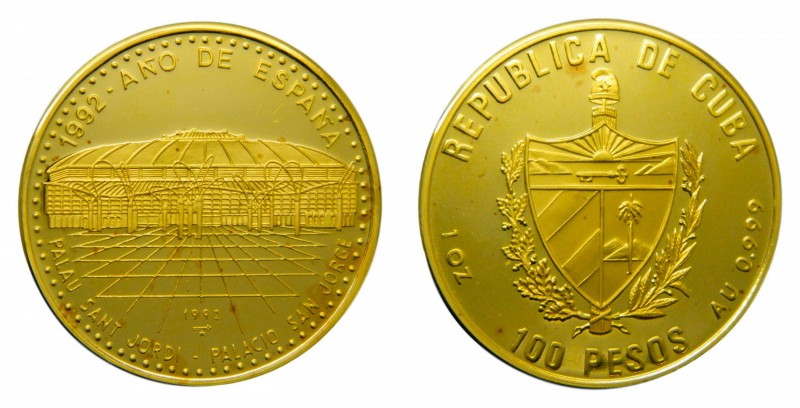 Cuba 1992. 100 pesos (km#536). 31 gr Au Proof. 1 oz. Palau Sant Jordi. Barcelona...