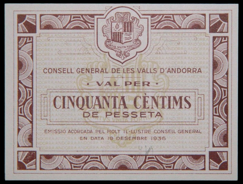 Andorra. 50 céntimos. 19.12.1936. Marrón. (T. 12b). (pick 5). (19-12-1936). Loca...