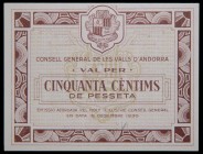 Andorra. 50 céntimos. 19.12.1936. Marrón. (T. 12b). (pick 5). (19-12-1936). Local paper issues of the Spanish Civil War. RARO en esta conservación.
U...