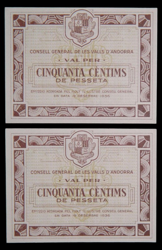 Andorra. 50 céntimos. Pareja correlativa. 19.12.1936. Marrón. (T. 12b). (pick 5)...