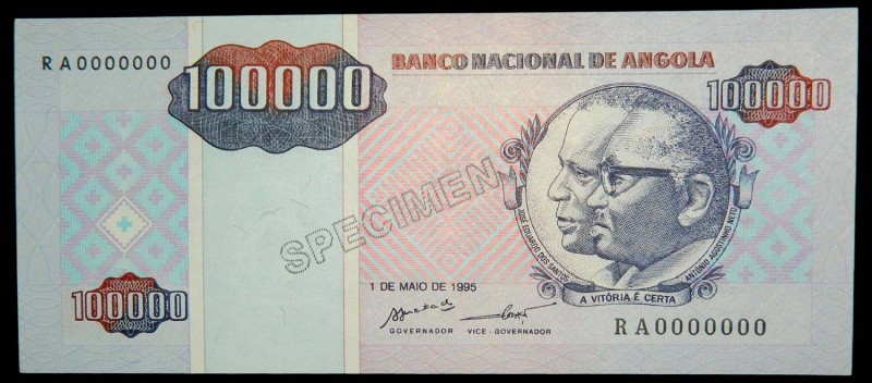 Angola. 100,000 kwanzas Reajustados. 1.05.1995. SPECIMEN. Pick 139s. #RA 0000000...