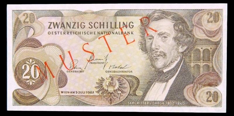 Austria. 20 schilling. 2.07.1967. MUSTER/Specimen. Pick 142s. Serial #00000.
UN...