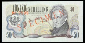 Austria. 50 schilling. 2.01.1970. SPECIMEN/Specimen. Pick 143 s. Serial #00000. Número de asignación del banco 0599. 
UNC