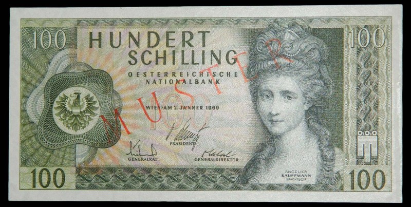 Austria. 100 schilling. 2.01.1969. MUSTER/Specimen. Pick 145 s. Serial #00000.
...