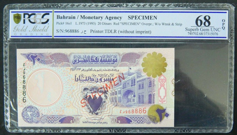 Bahrain. 20 dinars. L.1973 (1993). PCGS SPECIMEN. Pick 16s1. Serial #968886.
UN...