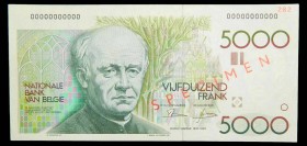Bélgica. 5000 francs. ND (1982-92). Pick 145 s. SPECIMEN. Número de asignación del banco 282.
AU