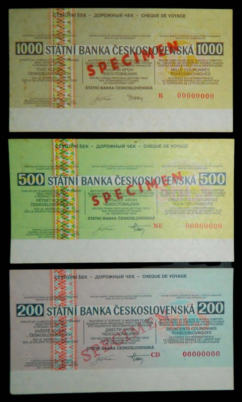 Checoslovaquia. Serie de 3 travel bank 200, 500, 1000 coronas. Cheque de Voyague...