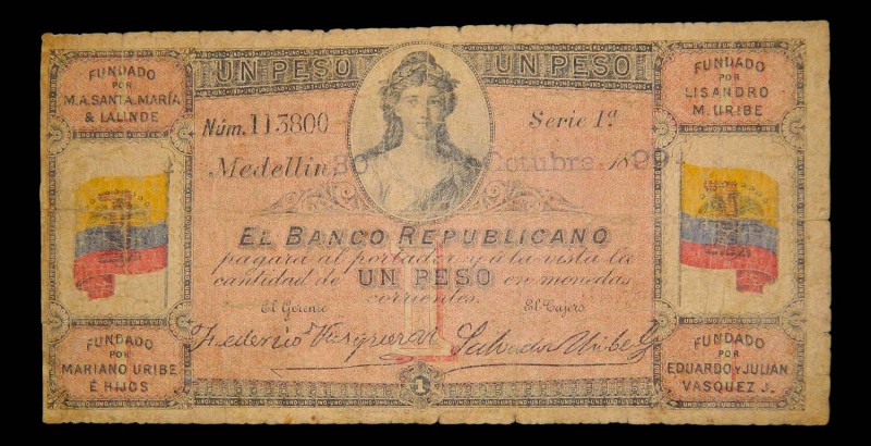 Colombia. 1 peso. 30.10.1899. EL BANCO REPUBLICANO. BANCO DE MEDELLIN. Pick S606...