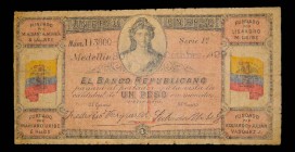 Colombia. 1 peso. 30.10.1899. EL BANCO REPUBLICANO. BANCO DE MEDELLIN. Pick S606.
F