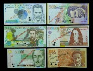 Colombia. Set 6 banknotes. 2004-2006. SPECIMEN. MUESTRA SIN VALOR. 1, 2, 5, 10, 20, 50 mil. Taladros de cancelación. Números de asignación 026 del ban...