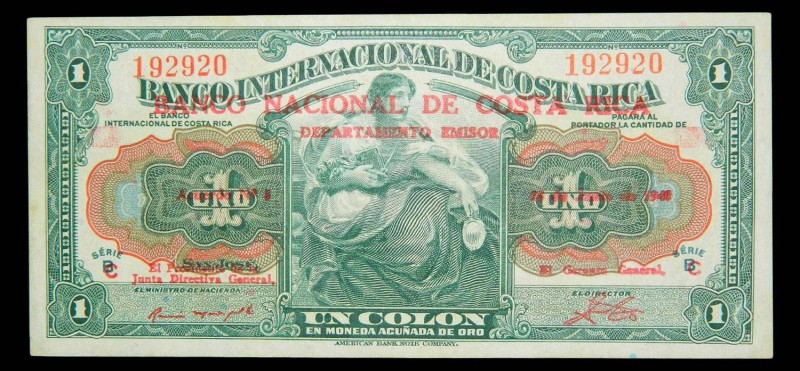 Costa Rica. 1 colon. 1943. Resellado. BANCO NACIONAL DE COSTA RICA / DEPARTAMENT...