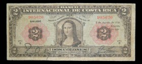 Costa Rica. 2 colones. 5.8.1936. Mona Lisa. Pick 167. 
F+