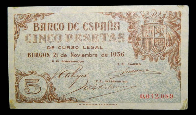 España. 5 Pesetas. Burgos, 21.11.1936. Leves restauraciones. Pick 97. Escaso.
m...