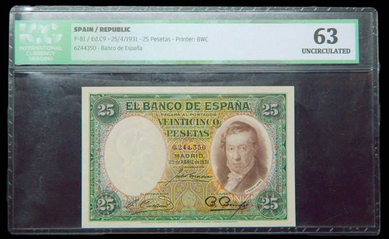 España. 25 Pesetas 25.4.1931. Vicente Lopez. Pick 81. (ICG UNC 63).
UNC 63