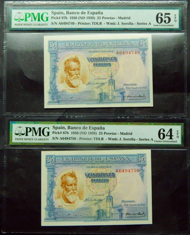 España. Pareja 25 Pesetas. 31.8.1936. Joaquin Sorolla. Pick 87b. Serie A. (PMG 6...