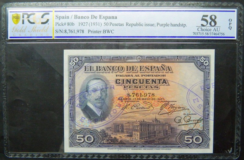 España. 50 Pesetas. 17-5-1927. Pick 80 b. Sello República Española. (PCGS AU 58)...