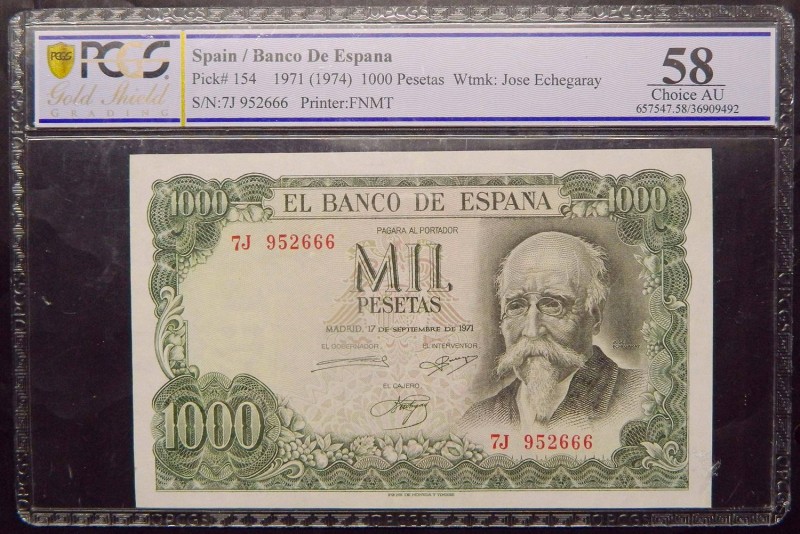 España. 1000 Pesetas. 17-9-1971 José Echegaray. (PCGS AU 58) Última serie emitid...