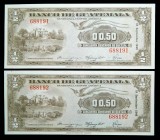 Guatemala. 50 centavos quetzal. 15.9.1948. Pareja consecutiva. Pick 23.
UNC
