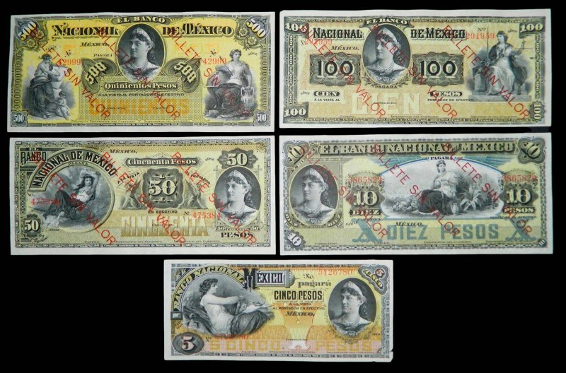 México. (1885-1913). 5 Billetes 5, 10, 50, 100 y 500 Pesos. Serie SPECIMEN. Banc...