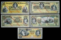 México. (1885-1913). 5 Billetes 5, 10, 50, 100 y 500 Pesos. Serie SPECIMEN. Banco Nacional (S257 - S258 - S259 - S260 - S262).
AU