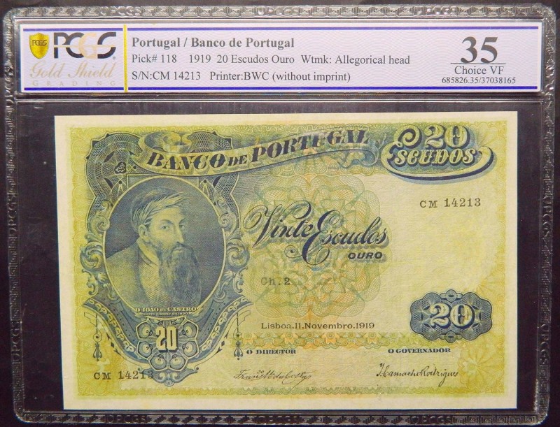 Portugal. 20 Escudos. 11.11.1919. Pick 118. ( PCGS VF 35). Rare.
VF 35