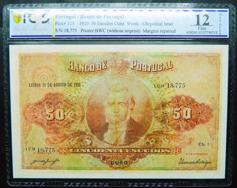 Portugal. 50 Escudos. 31.8.1920 Pick123. (PCGS F 12). Margins Repaired. Rare.
F...