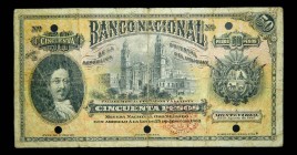 Uruguay. 50 pesos. 1887. SPECIMEN. Pick A95. Banco Nacional. Taladros.
F