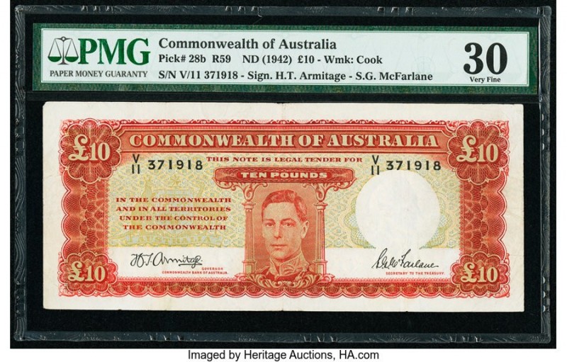 Australia Commonwealth of Australia 10 Pounds ND (1942) Pick 28b R59 PMG Very Fi...