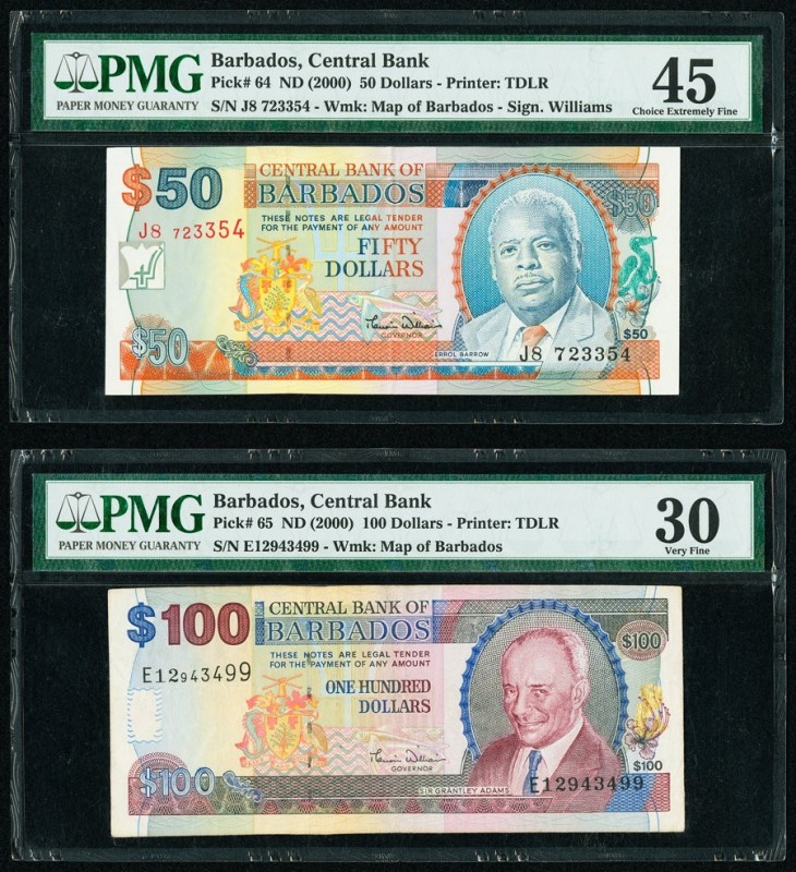 Barbados Central Bank 50; 100 Dollars ND (2000) Pick 64; 65 Two Examples PMG Cho...