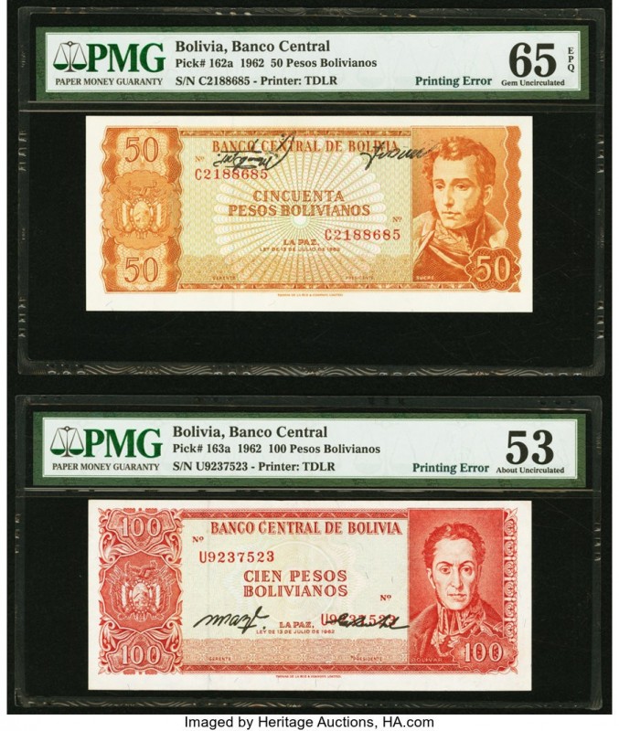 Bolivia Banco Central 50; 100 Pesos Bolivianos 13.7.1962 Pick 162a; 163a Pair of...