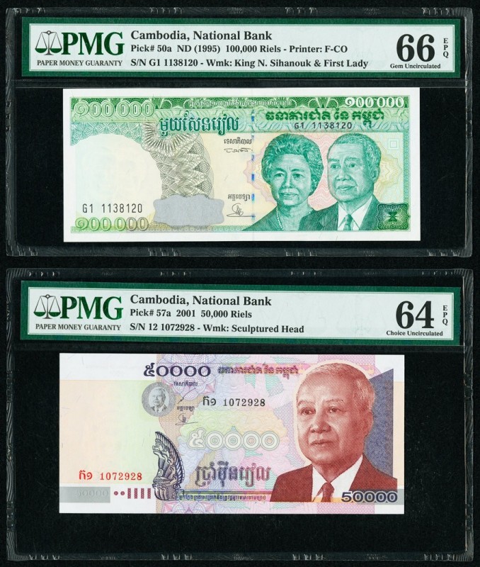 Cambodia National Bank of Cambodia 100,000; 50,000 Riels ND (1995); 2001 Pick 50...