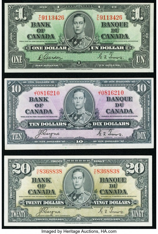 Canada Bank of Canada $1; $10; $20 1937 BC-21c; BC-24c; BC-25c Very Fine-Extreme...
