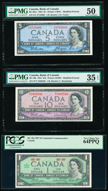 Canada Bank of Canada $5; 10; 1 1954 (2); 1967 BC-39a-i; BC-40b; BC-45a Three Ex...