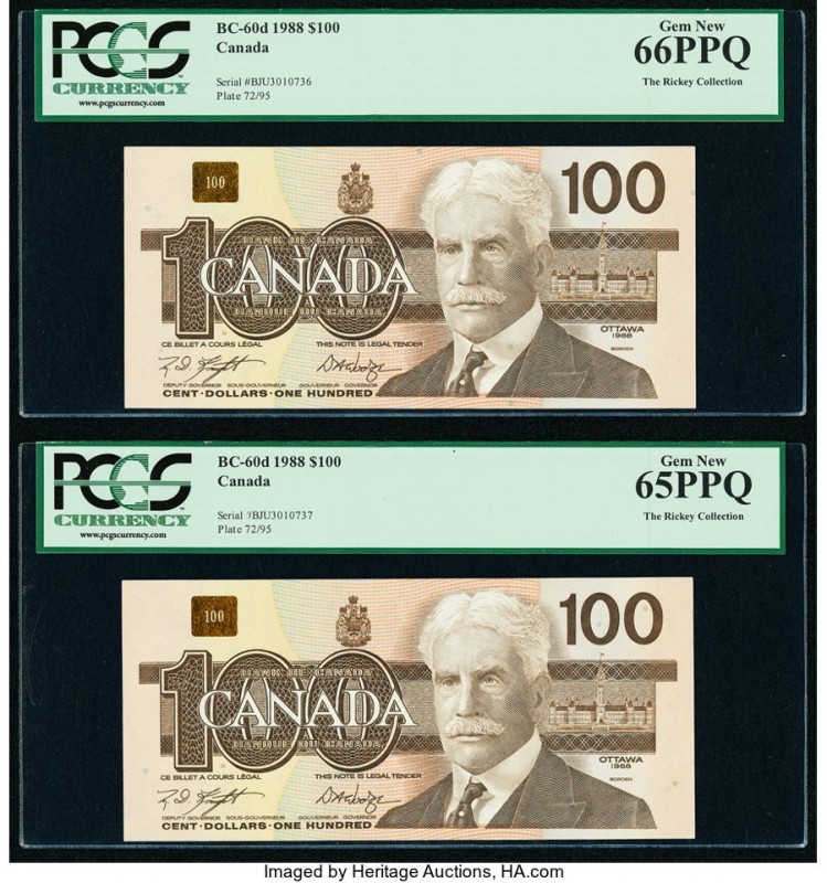 Canada Bank of Canada $100 1988 BC-60d Two Consecutive Examples PCGS Gem New 66 ...