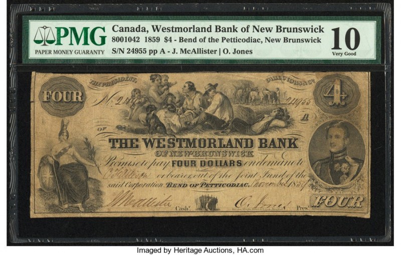 Canada Bend of Petticodiac, NB- Westmorland Bank of New Brunswick $4 1.11.1859 C...