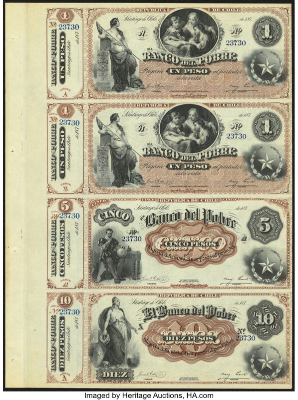 Chile Banco del Pobre 1-1-5-10 Pesos (1877) Pick S361r-S361r-S362r-S363r Uncut S...