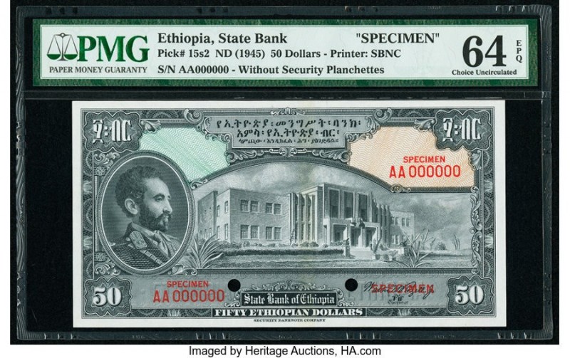 Ethiopia State Bank of Ethiopia 50 Dollars ND (1945) Pick 15s2 Specimen PMG Choi...