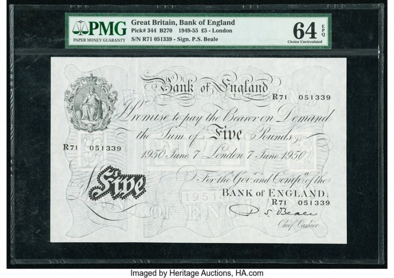 Great Britain Bank of England 5 Pounds 7.6.1950 Pick 344 PMG Choice Uncirculated...