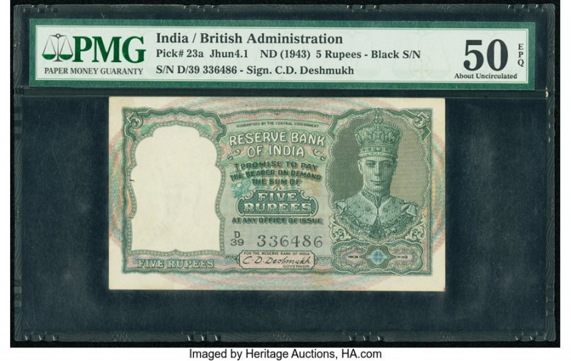 India Reserve Bank of India 5 Rupees ND (1943) Pick 23a Jhun4.1 PMG About Uncirc...