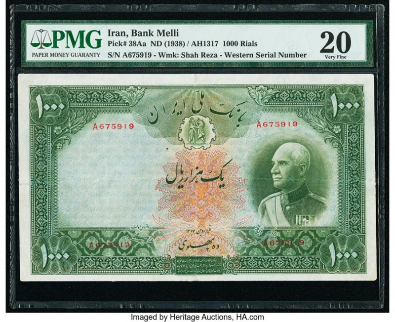 Iran Bank Melli 1000 Rials ND (1938) / AH1317 Pick 38Aa PMG Very Fine 20. Repair...