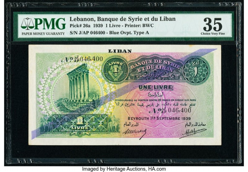 Lebanon Banque de Syrie et du Liban 1 Livre 1.9.1939 Pick 26a PMG Choice Very Fi...