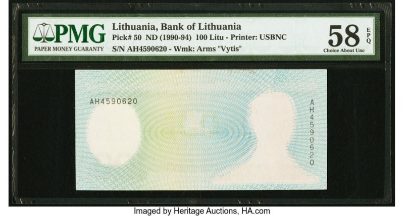Lithuania Bank of Lithuania 100 Litu ND(1990-94) Pick 50 PMG Choice About Unc 58...
