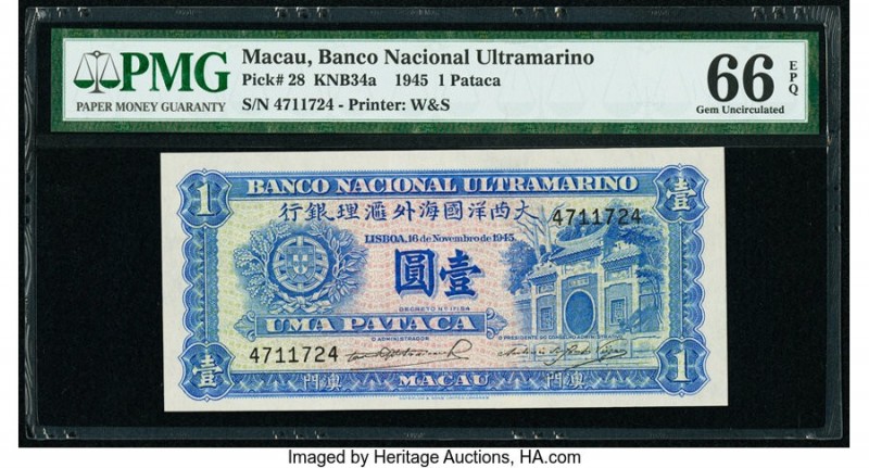 Macau Banco Nacional Ultramarino 1 Pataca 16.11.1945 Pick 28 KNB34a PMG Gem Unci...