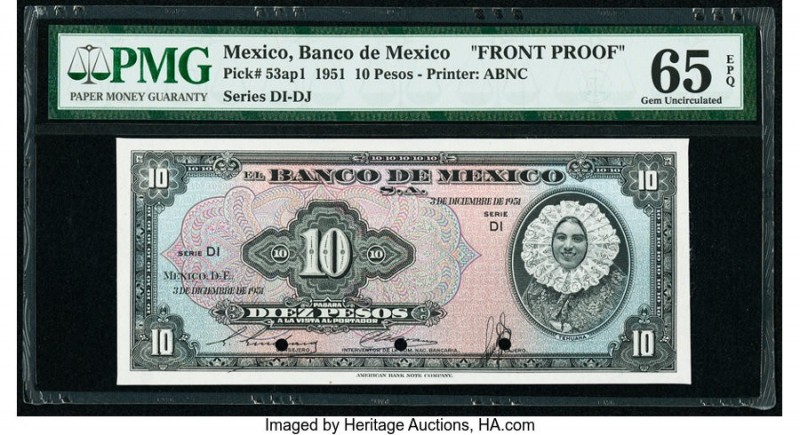 Mexico Banco de Mexico 10 Pesos 3.12.1951 Pick 53ap1 Front Proof PMG Gem Uncircu...