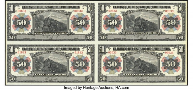 Mexico Banco del Estado de Chihuahua 50 Pesos 1913 Pick S135b Uncut Sheet of Fou...