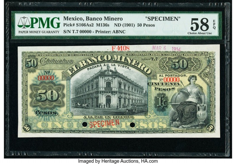 Mexico Banco Minero 50 Pesos ND (1901) Pick S166As2 M136s Specimen PMG Choice Ab...