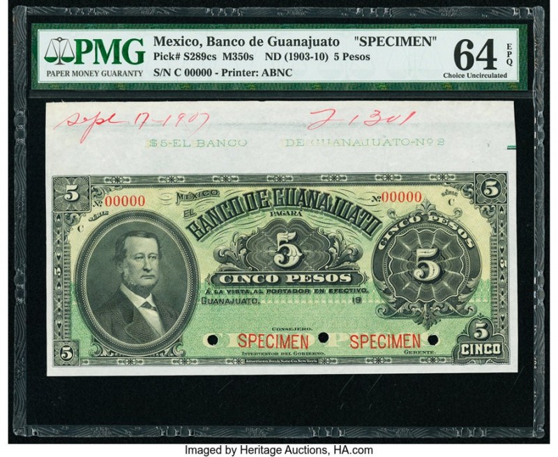 Mexico Banco de Guanajuato 5 Pesos ND (1903-10) Pick S289cs M350s Specimen PMG C...