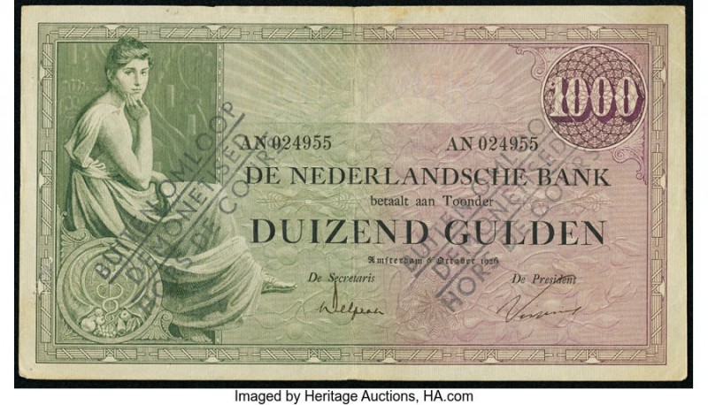 Netherlands Nederlandsche Bank 1000 Gulden 6.10.1926 Pick 48 Very Fine. Edge tea...