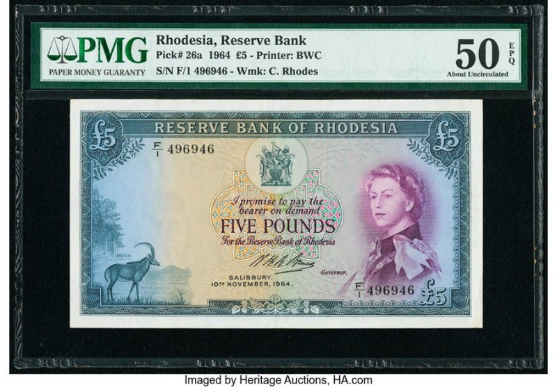 Rhodesia Reserve Bank of Rhodesia 5 Pounds 10.11.1964 Pick 26a PMG About Uncircu...